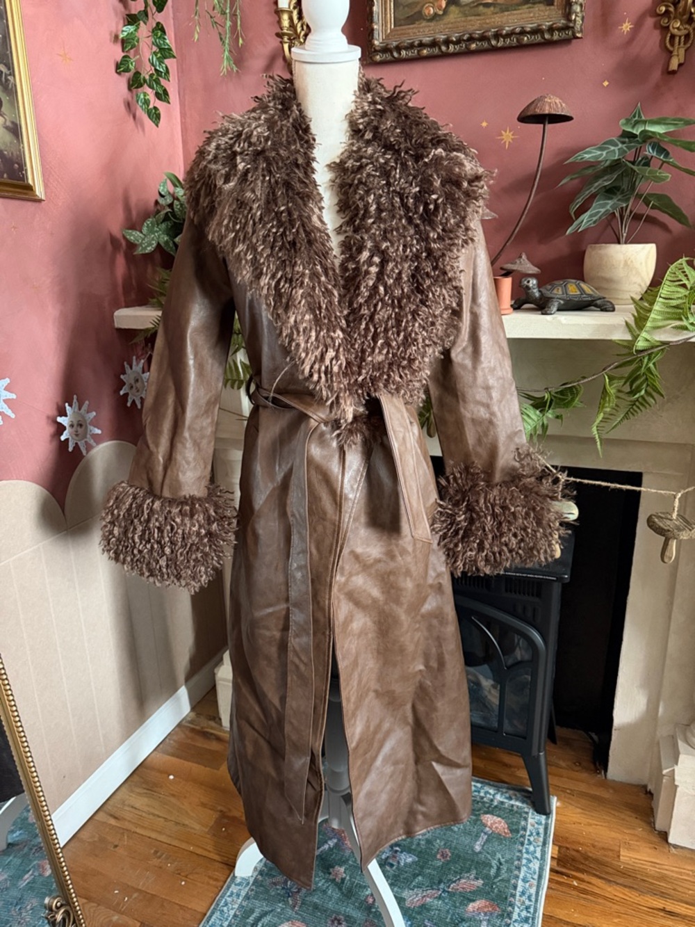 Like new penny lane Vintage-Inspired Brown Faux Shearling Trench Coat